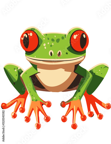 A vibrant vector illustration of a red-eyed tree frog with bright green skin, orange feet, and large expressive eyes.

