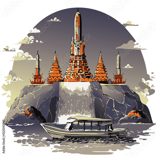 A beautifully stylized vector illustration of an ancient Thai temple complex with tiered pagodas and cascading waterfalls, set against a warm sunset sky with a traditional wooden boat floating in the 
