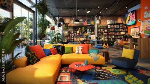 Wallpaper Mural Cozy and Colorful Modern Living Room with Bookshelf and Plants Torontodigital.ca