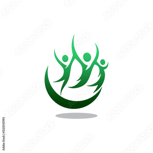 Green logo depicting three people jumping in a circle.