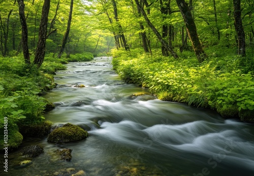 Serene Stream Flowing Through Lush Green Forest Surrounded by Vibrant Foliage and Sunlight Filtering Through Leaves