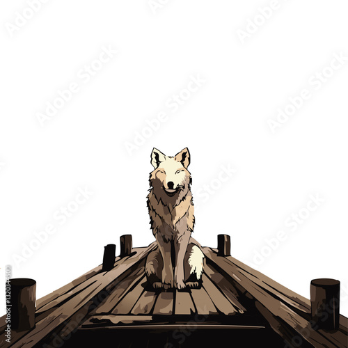 A serene digital illustration of a loyal dog sitting on a wooden deck, gazing over a breathtaking mountain lake at sunset. The warm orange hues of the sky blend into the misty blue mountains,