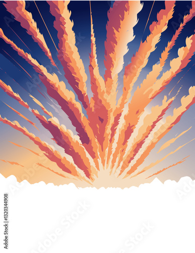 A dynamic vector illustration of a volcanic eruption, with a towering plume of smoke and lava casting a fiery glow over a snowy landscape. The contrast between the warm reds and oranges of the explosi