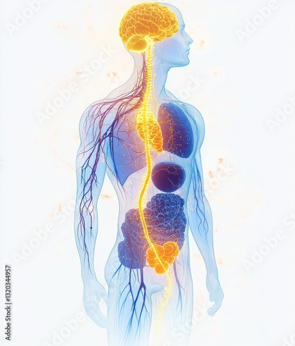 Human Anatomy Nervous System Illustration Neon Yellow Transparent Organs Meditation Communication