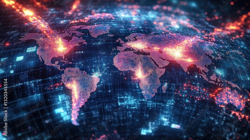 Cyberpunk Digital Artwork of Media Streams on World Map with Neon Colors and Dynamic Grids Cyberpunk Digital Artwork of Media Streams on World Map with Neon Colors and Dynamic Grids
