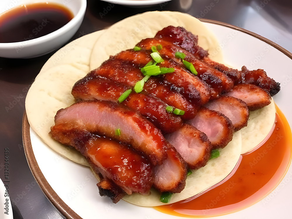 Delicious Peking Duck with Pancake Wraps and Sauces, Traditional Chinese Cuisine. Delicious Peking Duck with Pancake Wraps and Sauces, Traditional Chinese Cuisine.