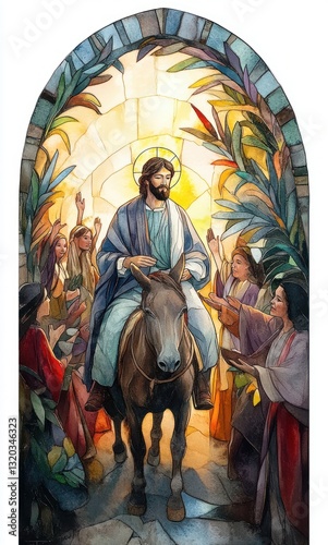 Entry of Jesus Christ into Jerusalem on Palm Sunday, Christian Biblical Illustration in Watercolor Style