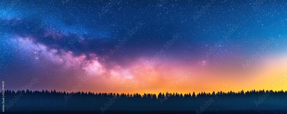 Fototapeta premium Dark sky idea. Stunning night sky with vibrant colors and silhouetted trees at the horizon.