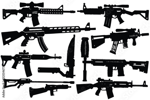 Vector Weapons Silhouette Bundle Isolated Machine Gun silhouettes Set
