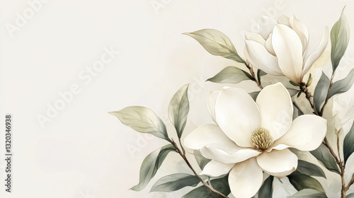 A delicate floral composition featuring hand-painted magnolia blossoms with a watercolor texture, creamy white petals tinged with pale gold, surrounded by slender