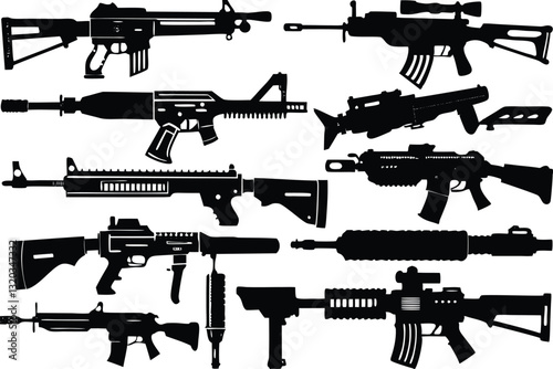 Vector Weapons Silhouette Bundle Isolated Machine Gun silhouettes Set