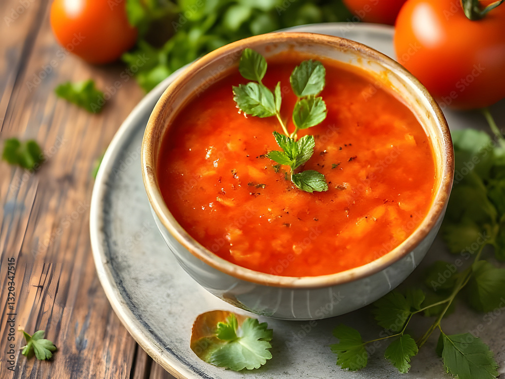 Delicious Homemade Tomato Soup in a Bowl with Fresh Tomatoes and Herbs on a Wooden Table. Delicious Homemade Tomato Soup in a Bowl with Fresh Tomatoes and Herbs on a Wooden Table.