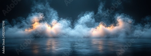 Dramatic white smoke trails on black monochrome background with soft floor glow, modern abstract stage for fashion editorials, perfume campaigns or luxury brand visual storytelling.