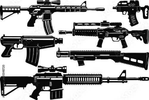 Vector Weapons Silhouette Bundle Isolated Machine Gun silhouettes Set Collection various firearms