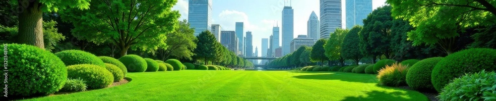 Emerald oasis in concrete jungle; meticulously groomed lawn views skyscraper cityscape , green, nature Emerald oasis in concrete jungle; meticulously groomed lawn views skyscraper cityscape , green, nature