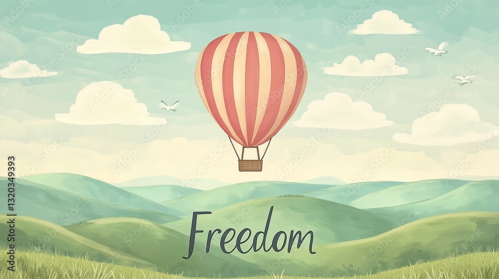 Obraz premium Hot air balloon freedom hills landscape. Pastel colors evoke peace. AI generated