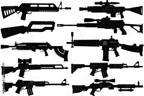 Vector Weapons Silhouette Bundle Isolated Machine Gun silhouettes Set Collection various firearms