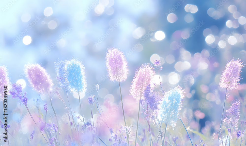 Naklejka premium Dreamy pastel-colored wildflowers bathed in soft sunlight, creating a serene and peaceful atmosphere. Perfect for backgrounds, websites, or calming imagery.