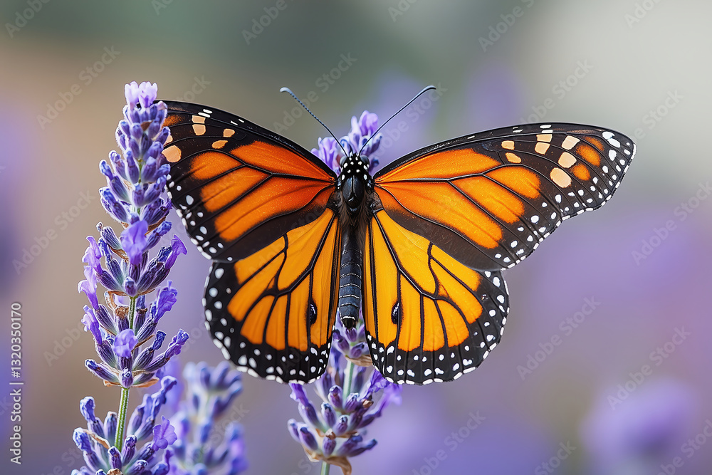 Naklejka premium Monarch Butterfly Macro Photography on Lavender: Capturing Vibrant Pollination in a Serene Forest Habitat