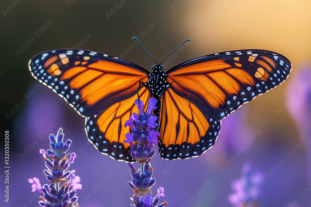 Obraz premium Macro Photography of Monarch Butterfly on Lavender Flowers - Vibrant Nature Scene and Pollination in Botanical Garden