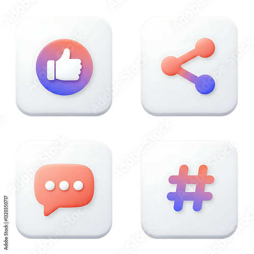 Like Share Comment Hashtag Icons Gradient Buttons on Light Purple Background