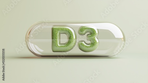 Transparent vitamin D3 capsule with green granules for health and immune support