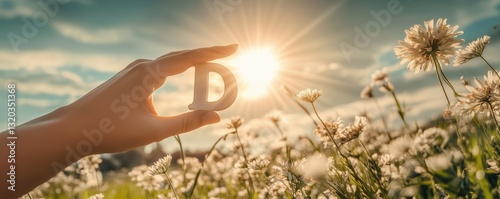 Hand holding 3D letter D in a field of flowers under sunlight promoting natural wellness and vitamin D