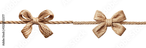 rope bowknots on string, beige twine bows isolated on white background photo