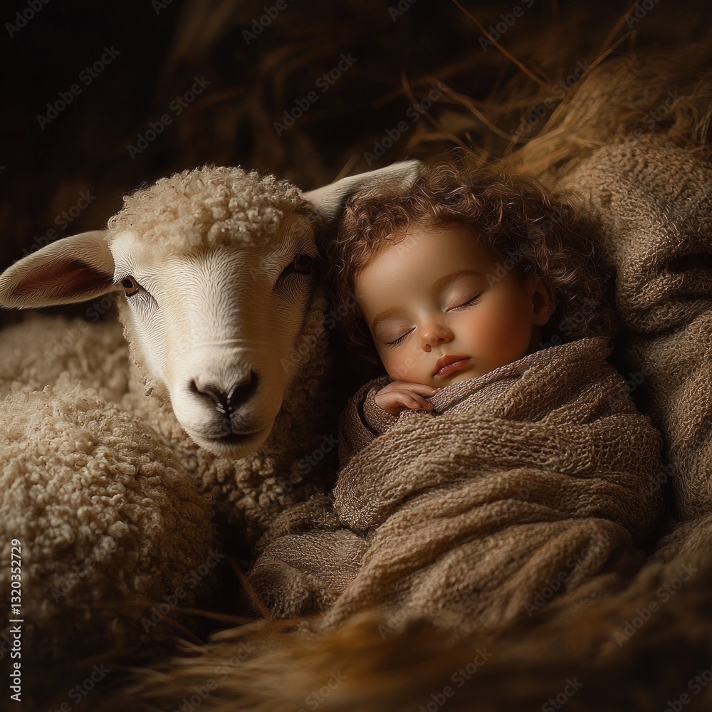 Naklejka premium Newborn Infant in Blanket Beside Sheep in Pastoral Setting Baroque Style