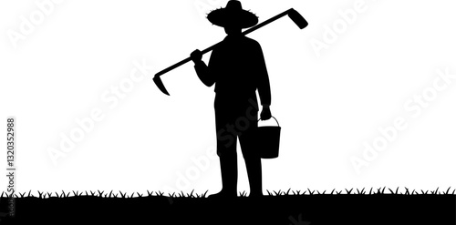 Asian gardener with hoe for working silhouette vector on white background
