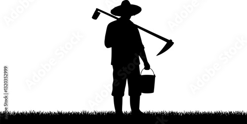 Asian gardener with hoe for working silhouette vector on white background
