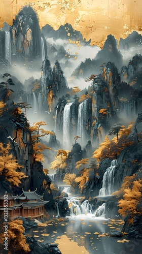 Traditional Chinese blue and gold marble waterfall landscape illustration poster background