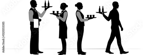 Set of waiter in restaurant silhouette vector on white background
