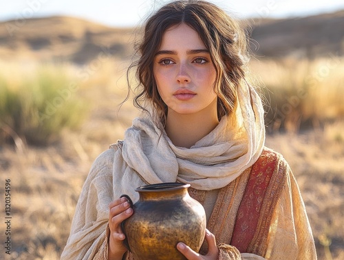 Biblical Woman in Robe Holding Jug in Desert Landscape