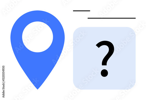 Blue location pin beside a question mark in a square suggests confusion, missing address, or uncertainty. Ideal for navigation, guidance, problem-solving, maps, searching, help desk brainstorming