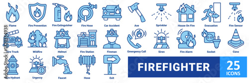 Firefighter icon set.with icon flame,prevention,extinguisher,hose, car accident, axe, sprinkler, house on fire, evacuation, fire sensor, fire truck, wildfire, helmet, fire station 