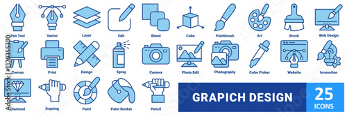Grapich design icon set. with icon pen tool, vector, layer, edit, blend, cube, paintbrush, art, brush, web design, canvas, print, design, spray, camera, photo edit, photography, color picker 