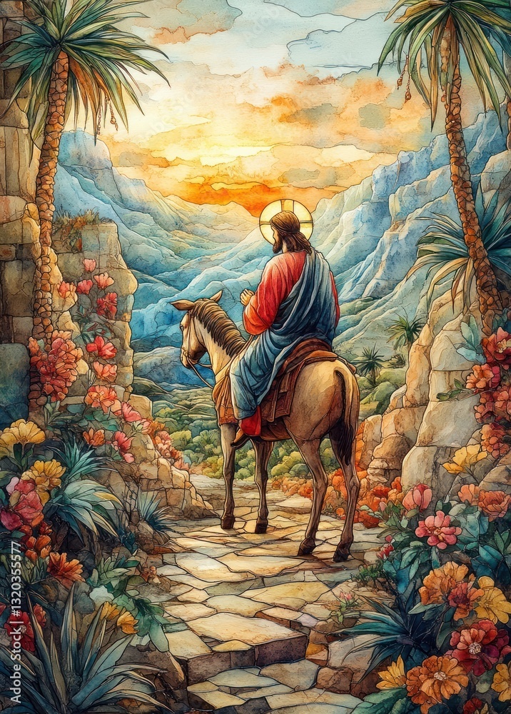 Fototapeta premium Jesus Christ Entry into Jerusalem on Donkey with Palm Leaves and Flowers Illustration