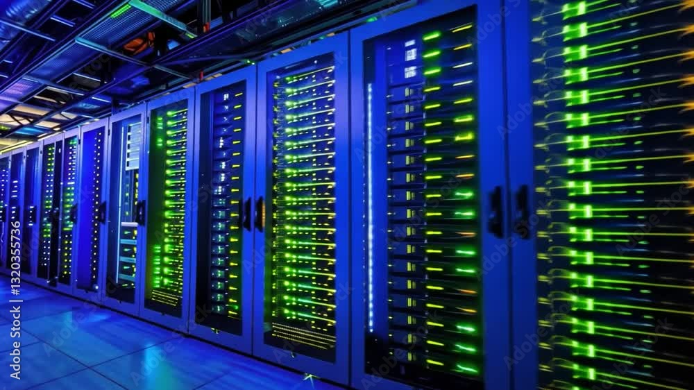 Illuminated Server Racks in Modern Data Center Highlight Advanced Technology and Infrastructure with Vibrant Lights, Efficiency, and Power