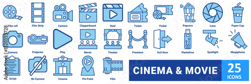 Cinema and movie icon set. with icon film roll, film strip, camera, clapperboard, reel, ticket, ticket, popcorn, lens, paper cup, camera, projector, play, movie, theater, premiere, exit door 