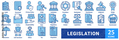 Legislation icon set. with icon audit, document, privacy policy, judge, institution, procedure, retribution, courthouse, judgment, badge, monetary policy, archive, responsibility, rule, regulatory 