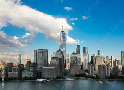 NYC skyline with skyscrapers aerial view. Manhattan and Brooklyn on sky. New York City skyline with Hudson River views. Downtown NYC. New York waterfront skyline. Panorama of of New York from top.