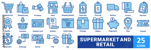 Retail and Supermarket icon set. with icon shopping cart, shopping bag, purchase, store, shopping basket, flash sale, price tag, delivery, invoice, discount, quality, purchase, member card, wishlist 