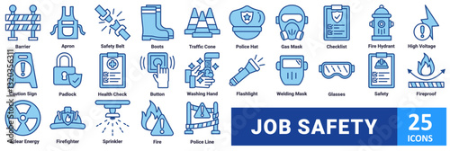 Job safety icon set. with icon barrier, apron, safety belt, boots, traffic cone, police hat, gas mask, checklist, fire hydrant, high voltage, caution sign, padlock, health check, button, washing hand 