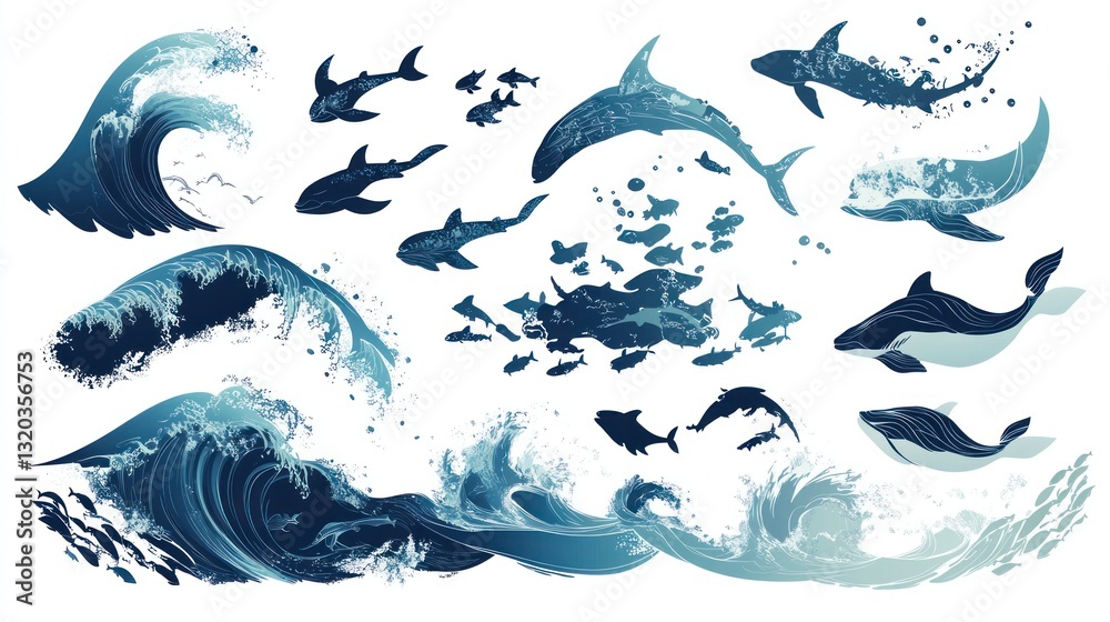 Fototapeta premium Ocean Waves and Marine Life Collection