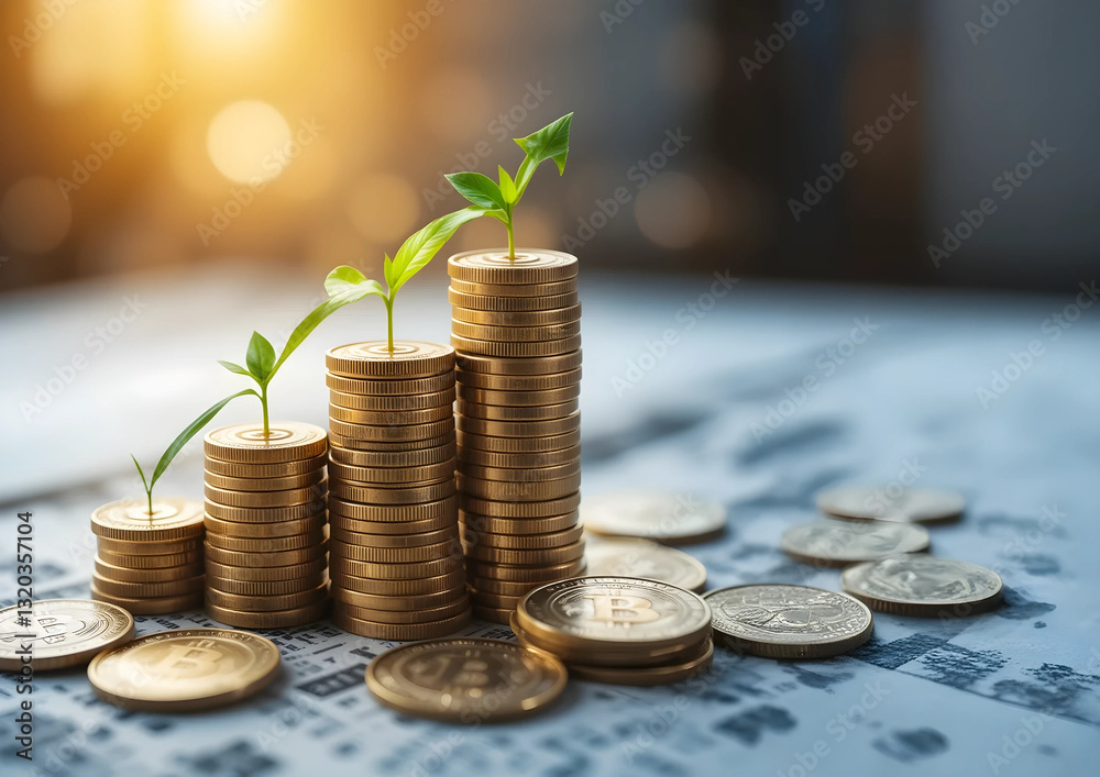 Financial profitability and cost optimisation with stack of coins, growth business concept.