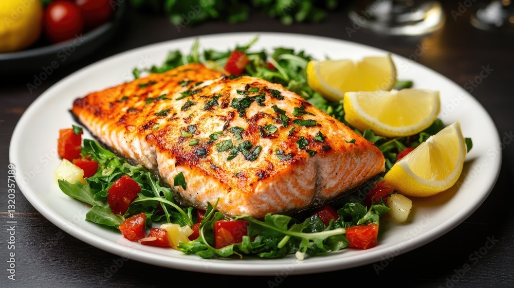 Grilled Salmon Fillet with Fresh Green Salad and Lemon Slices Grilled Salmon Fillet with Fresh Green Salad and Lemon Slices