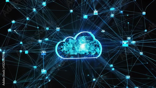 Cloud computing storage hosting connectivity concept high contrast blue clound on black background modern technology internet connectivity 