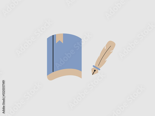 A minimalist illustration of a book with a bookmark and a quill pen