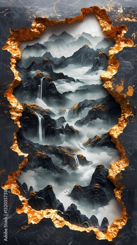 Traditional Chinese blue and gold marble waterfall landscape illustration poster background
